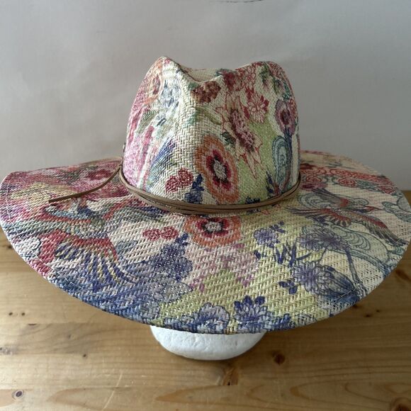 Johnny Was Paula Printed Beach Hat Colorful Floral Woven Toyo Sunhat Boho 57 cm - Picture 2 of 11